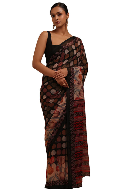 Soch Womens Black Georgette Geometric Print Saree