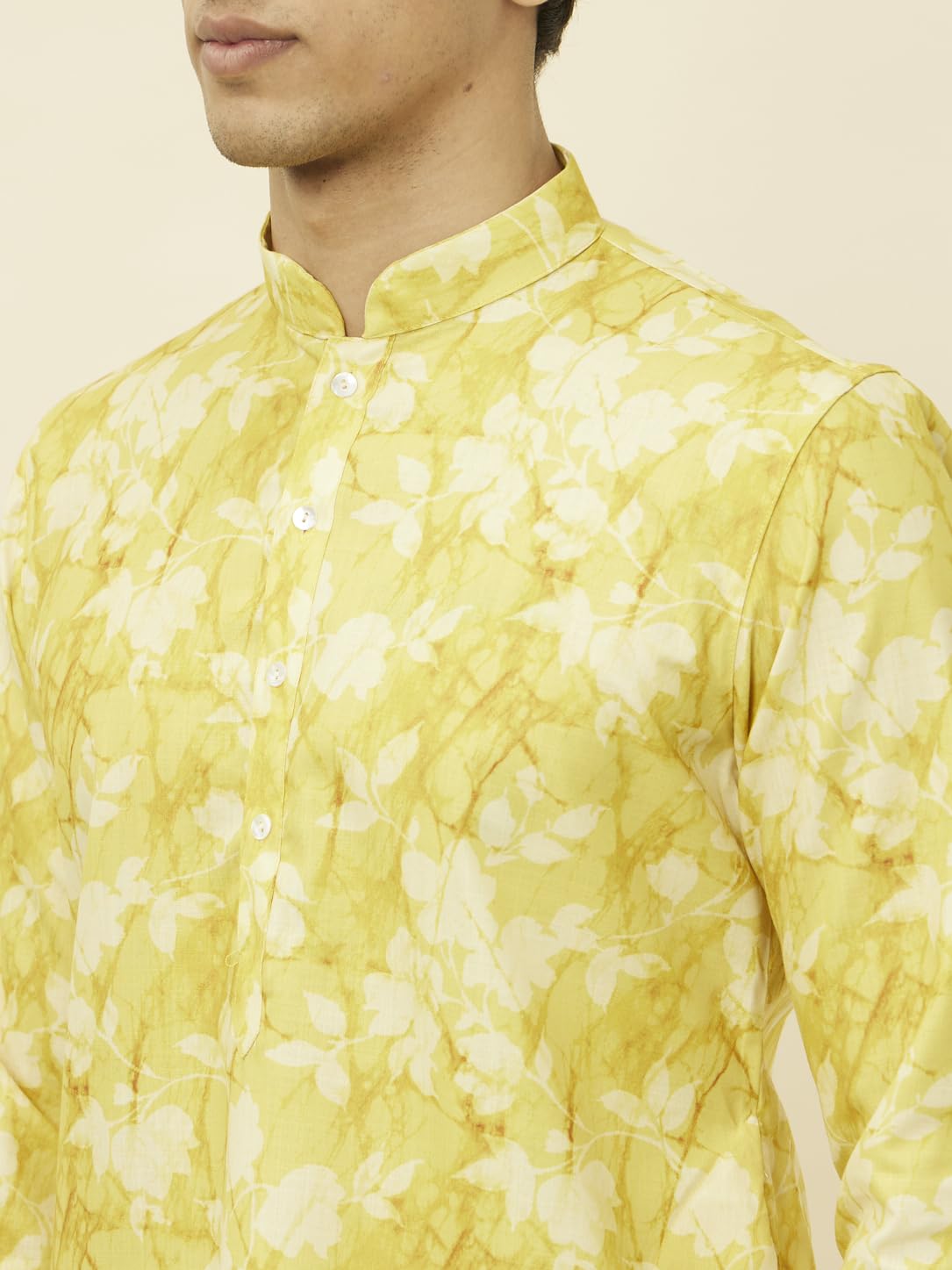 Manyavar Men's Corn Yellow Floral Printed Kurta (M)