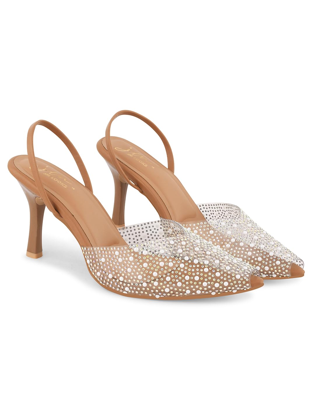 JM LOOKS Embellished & Sylish Kitten Heeled Sandal For Women & Girls | Women Fashion Sandals | (Tan, 38)