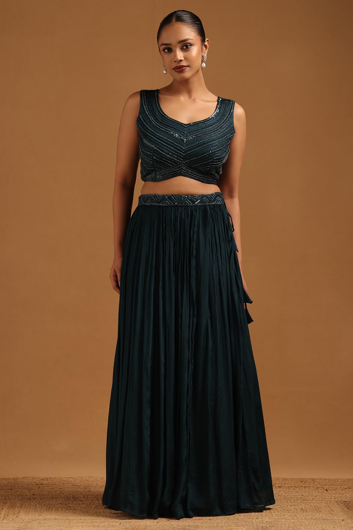 Soch Womens Teal Chinon Embellished Lehenga Choli With Sequins