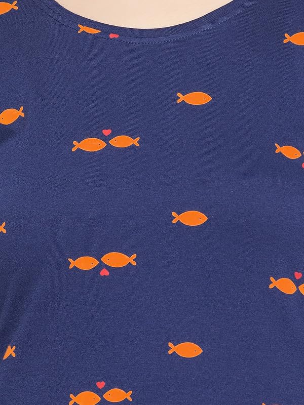 Clovia Women's Cotton Printed Short Night Dress with Pocket (NS6489D08_Navy Blue_M)