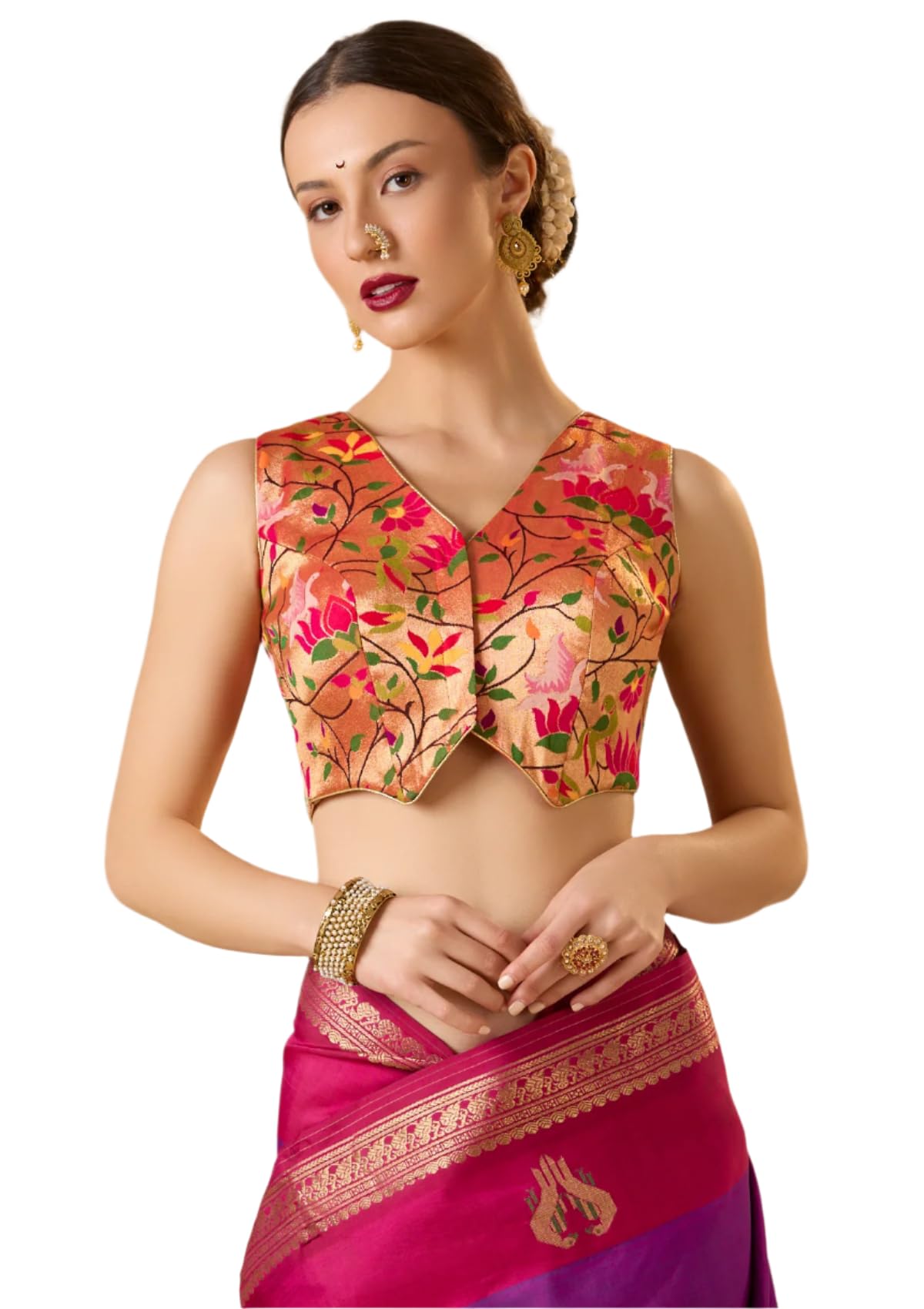 Rose Gold Paithani Silk Waistcoat Sleeveless Readymade Blouse