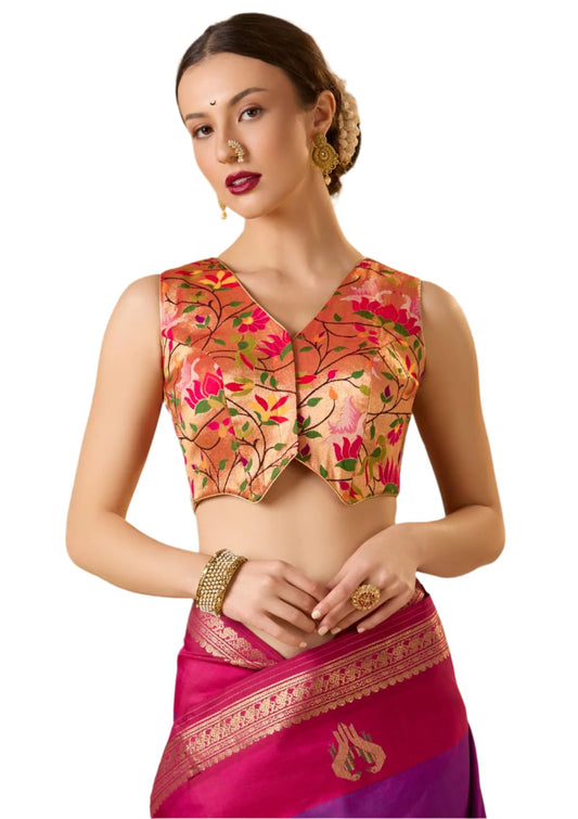 Rose Gold Paithani Silk Waistcoat Sleeveless Readymade Blouse