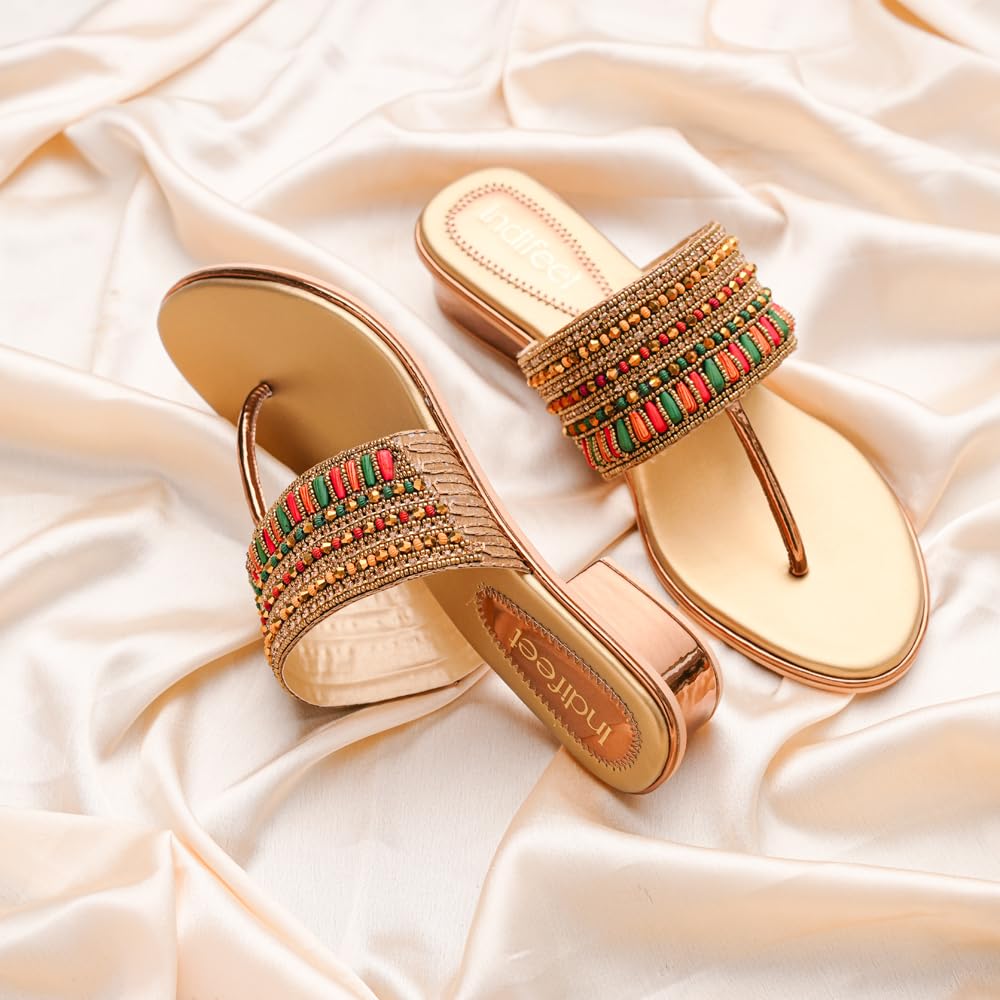 Indifeet - sandals for women, ladies latest heels, women's stylish heel, woman best party sandal, fancy ethnic wedding footwear, best traditional fashion chappal, gold