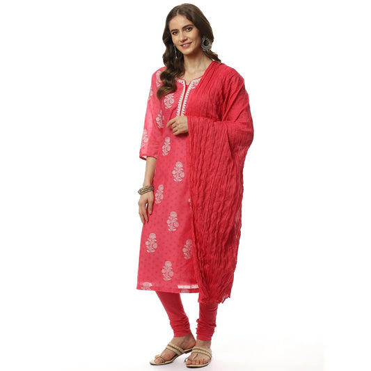 BIBA Women's Cotton Pink Straight Kurta Churidar Suit Set