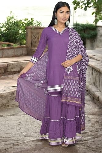 JAIPUR HAND BLOCK Women's Sharara Salwar Suit Set Navratri Diwali Karwa chauth (Purple, XXL) S114