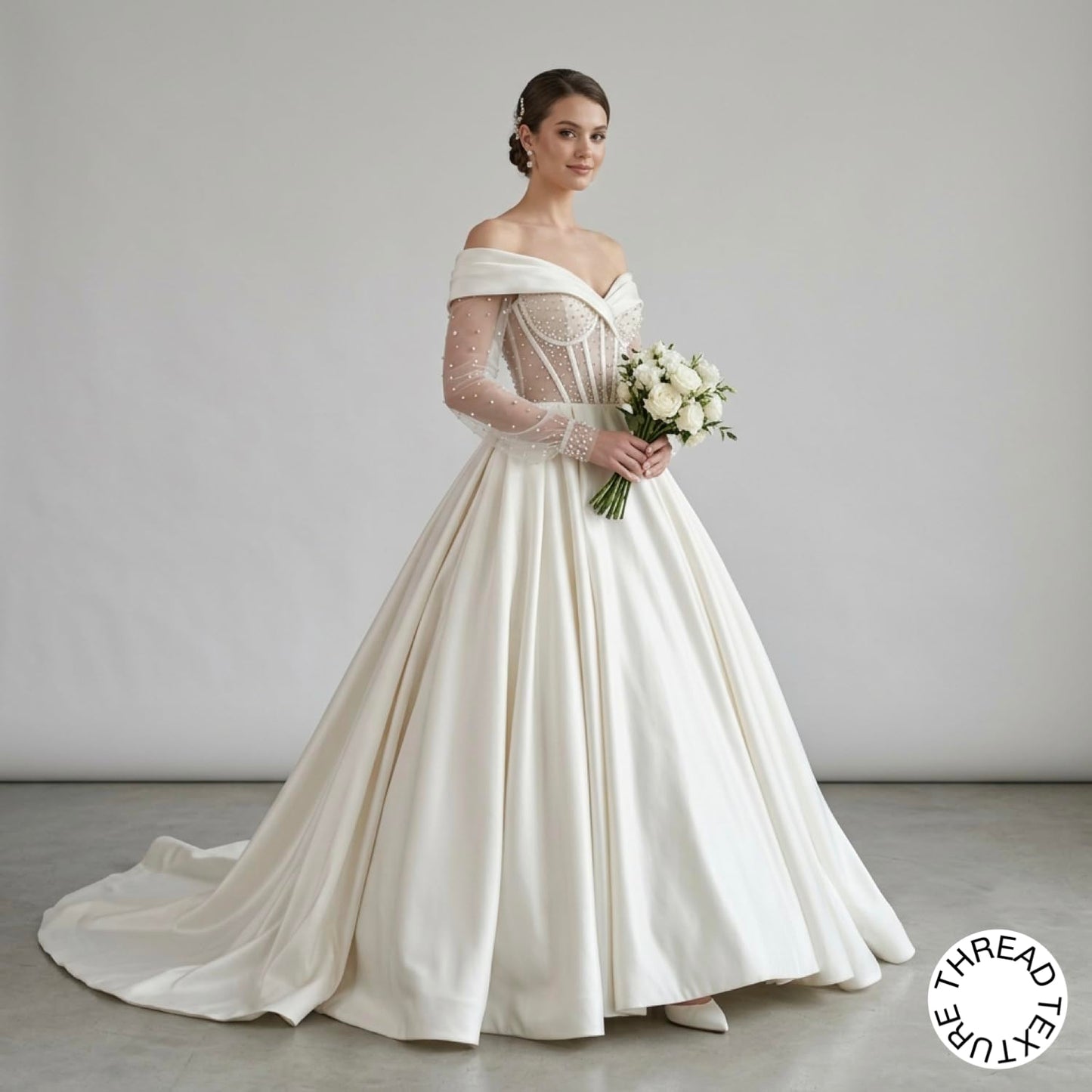 ThreadTexture Princess Pearl Embellished Long Sleeves Ball Gown (in, Alpha, L, Regular, White, Designer Shivay)