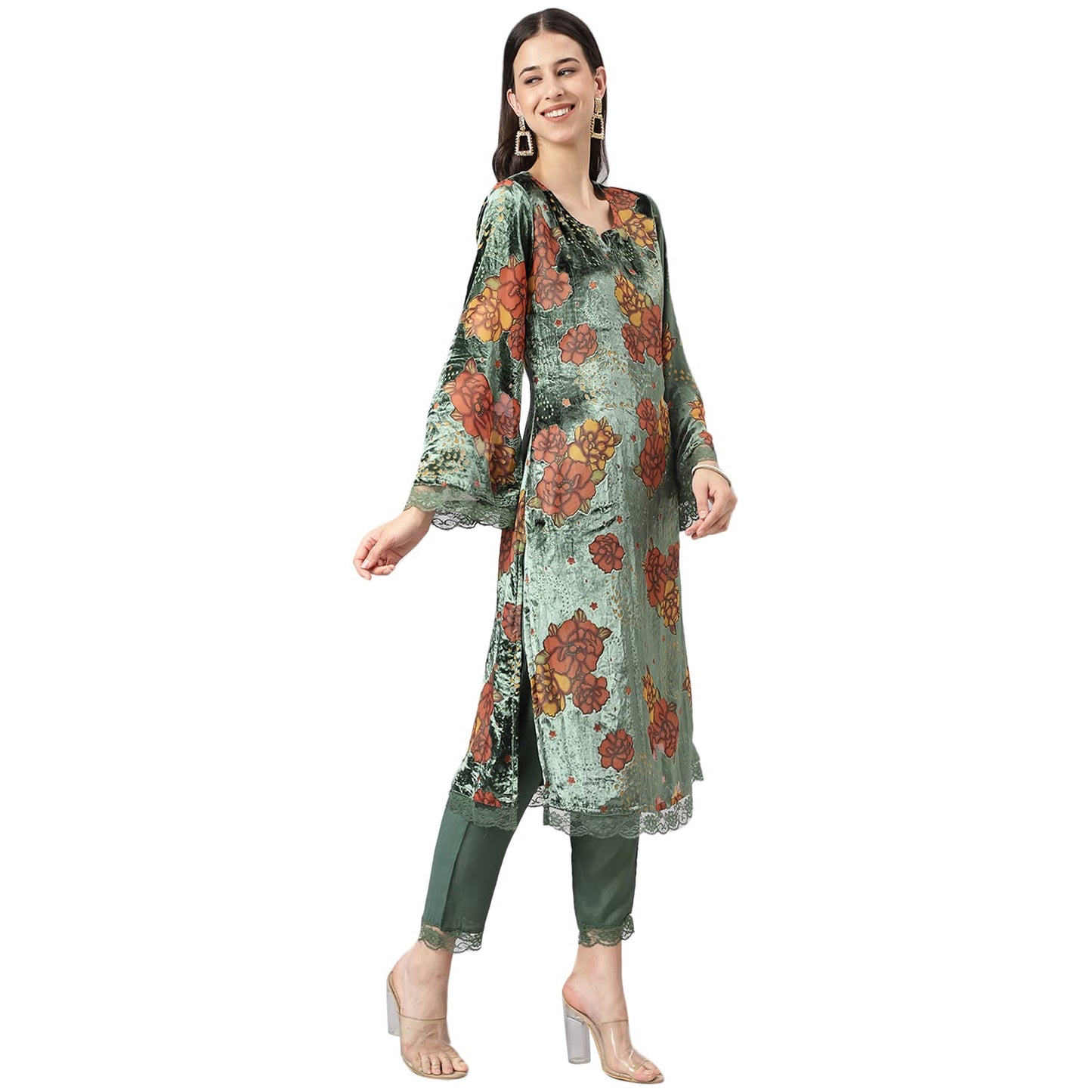 Divena Green Burn out Velvat Kurta Haram Pant with Organza Dupatta
