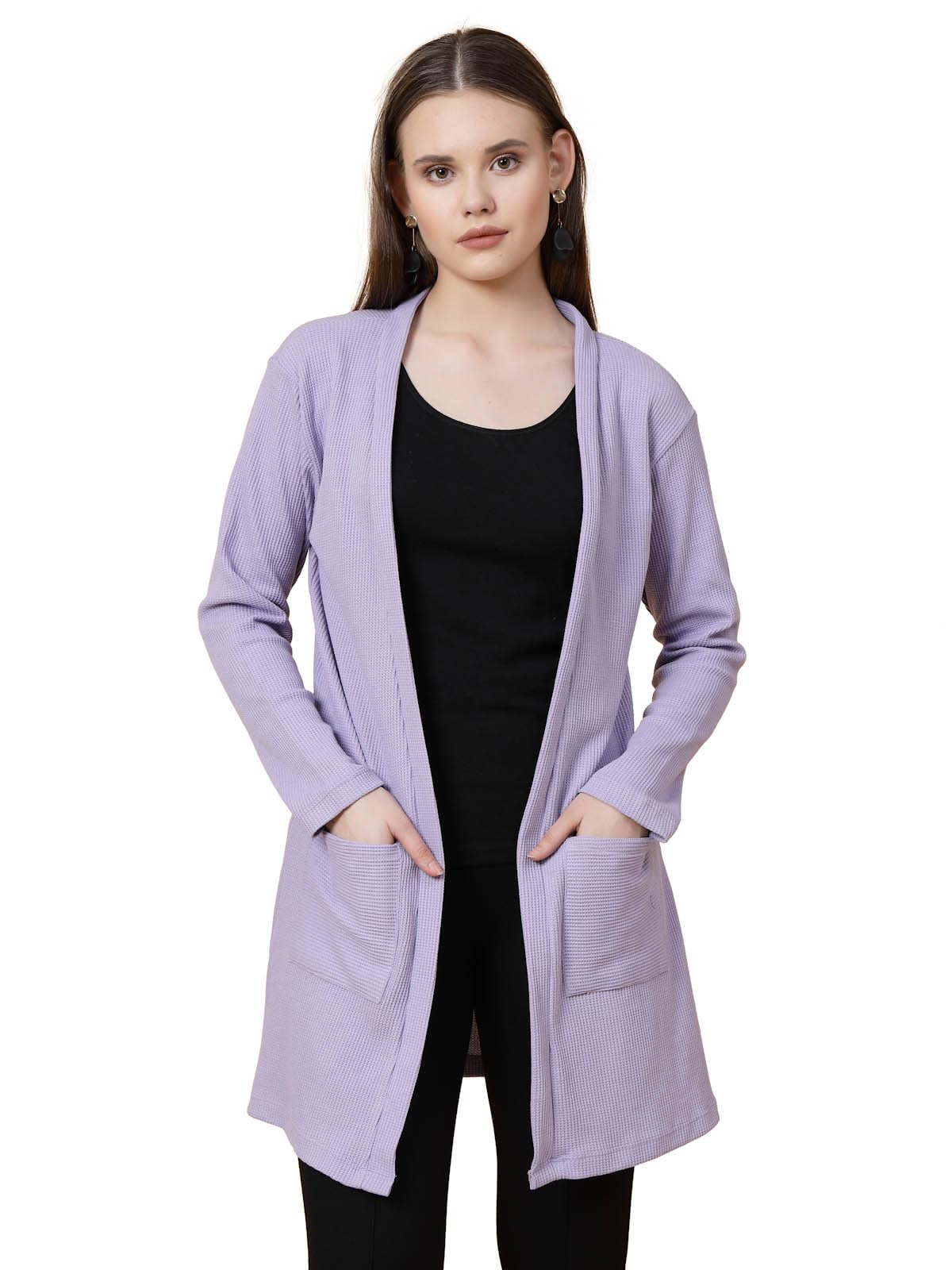 Rigo Cotton Front Open Shrug for Women | Stylish, Slim Fit, Long | Casual Wear, Solid Full Sleeves With Pockets (Light Purple, Free Size)