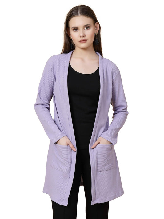 Rigo Cotton Front Open Shrug for Women | Stylish, Slim Fit, Long | Casual Wear, Solid Full Sleeves With Pockets (Light Purple, Free Size)