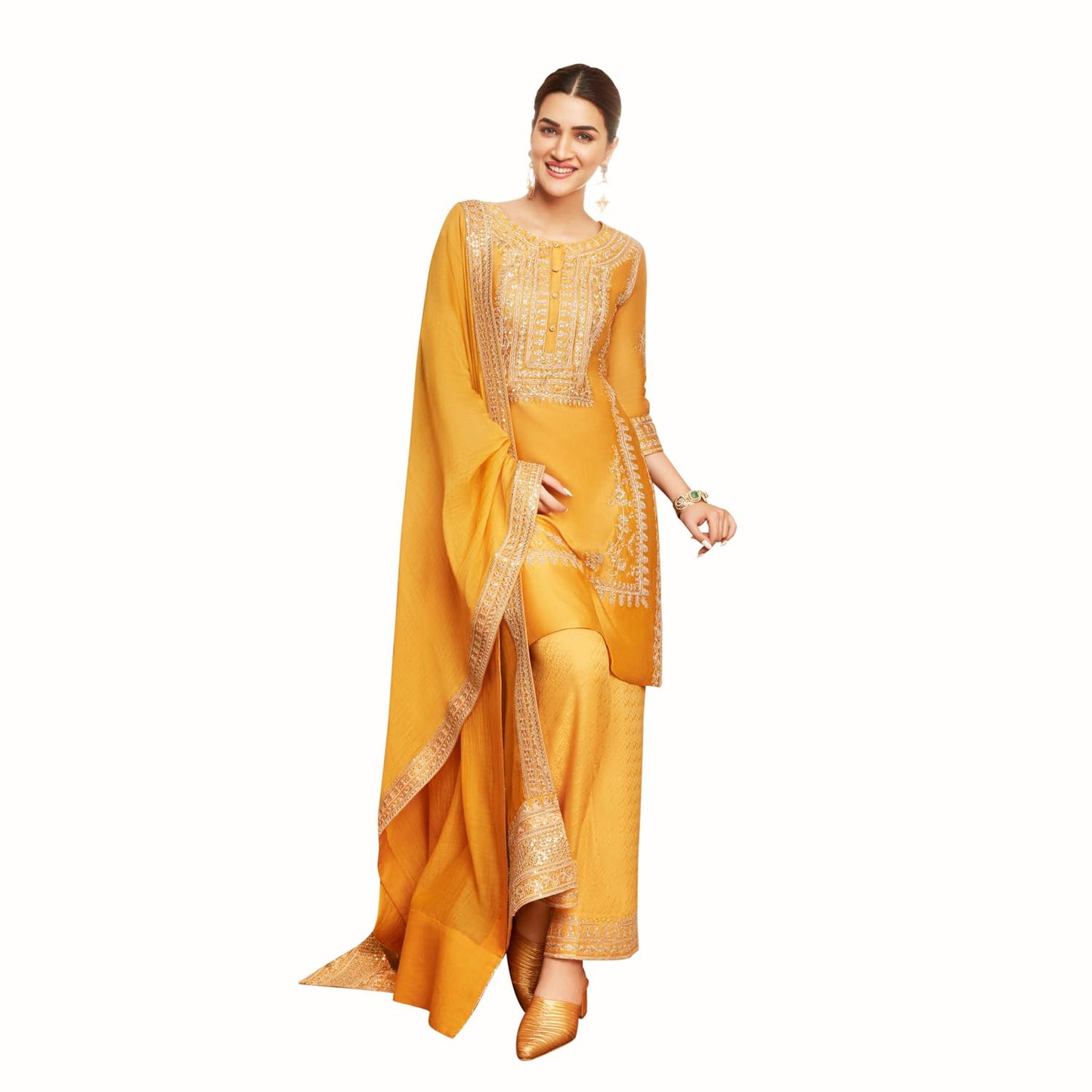 Biba Women's Cotton Blend Kurta Set (SKDMEWAR10863SS25OCRYEL_Ochre Yellow