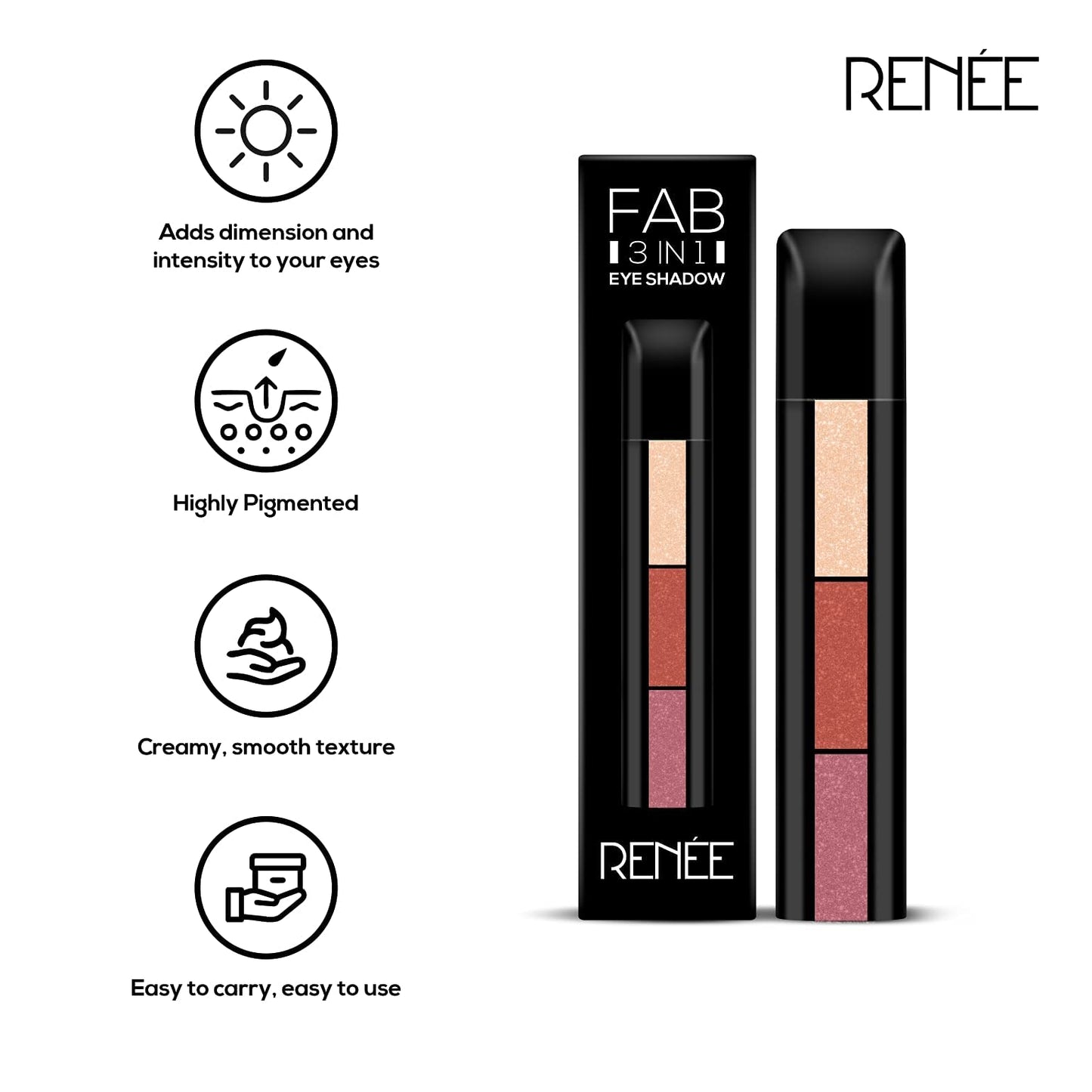 RENEE Fab 3 in 1 Eyeshadow 4.5gm - Highly Pigmented 3 Shades in 1 Stick, Adds Dimension and Intensity With Shimmery Finish, Enriched With Vitamin E