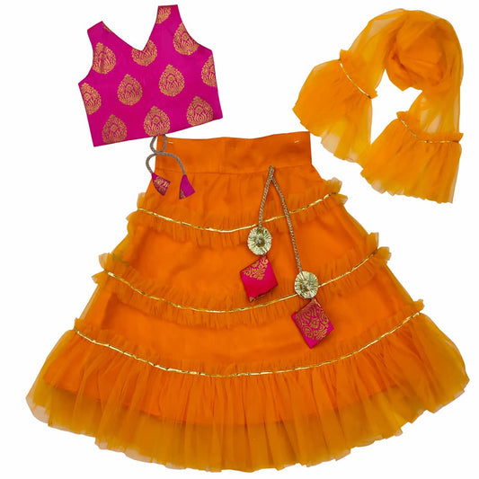 satyamfab Girls' Fully Stitched Mono-Net Lehenga Choli Set and Elegant Design for Effortless Glamour Stylishly Stitched Choli, Graceful Dupatta, Ready-To-Wear (5133_orange KANIKA (12-18 Months)