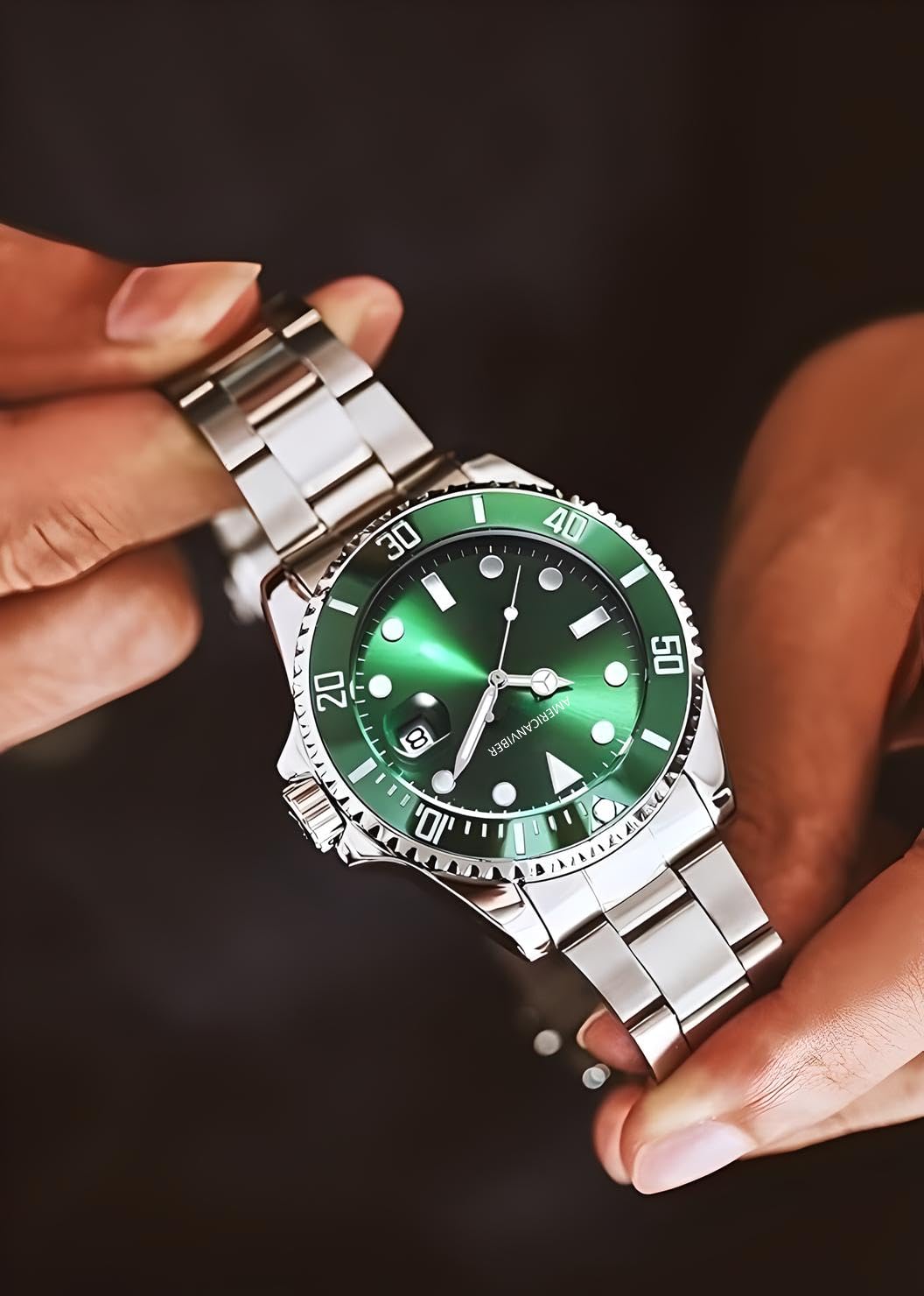 AMERICANVIBER Luxury Diver Watch with Green Dial, Stainless Steel Band, Date Display, Quartz Movement (Green)