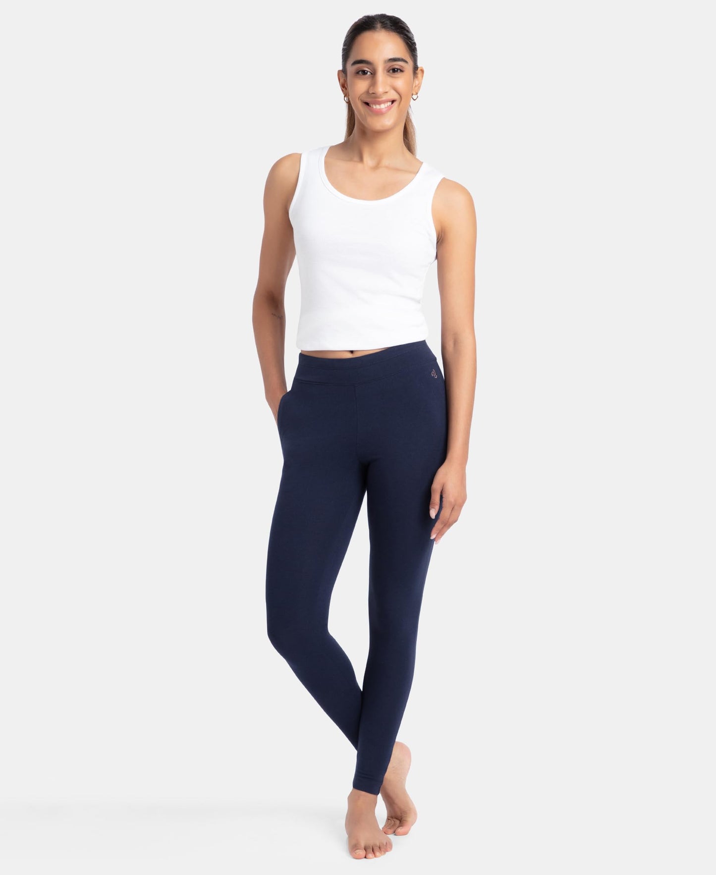 Jockey Women's Super Combed Cotton Elastane Stretch Yoga Pant with Side Zipper Pockets & Drawstring Closure_Style_AA01_Navy Blazer_S