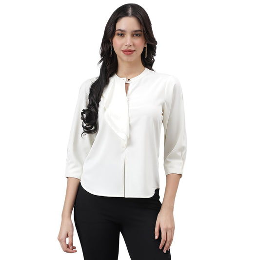 Latin Quarters Women Ivory 3/4 Sleeve Mandarin Collar Solid Top_XXL