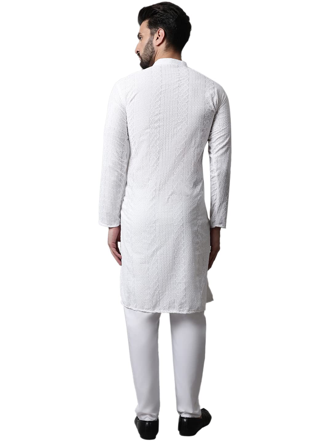 Jompers Men White Embroidered Pure Cotton Kurta with Pyjamas (White, S)