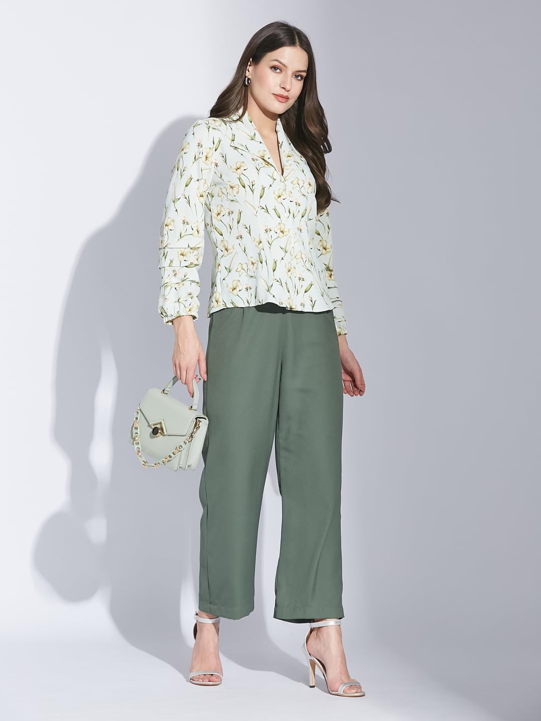 Latin Quarters Women Green Collar Neck 3/4th Sleeve Printed Shirt Blouse_XL