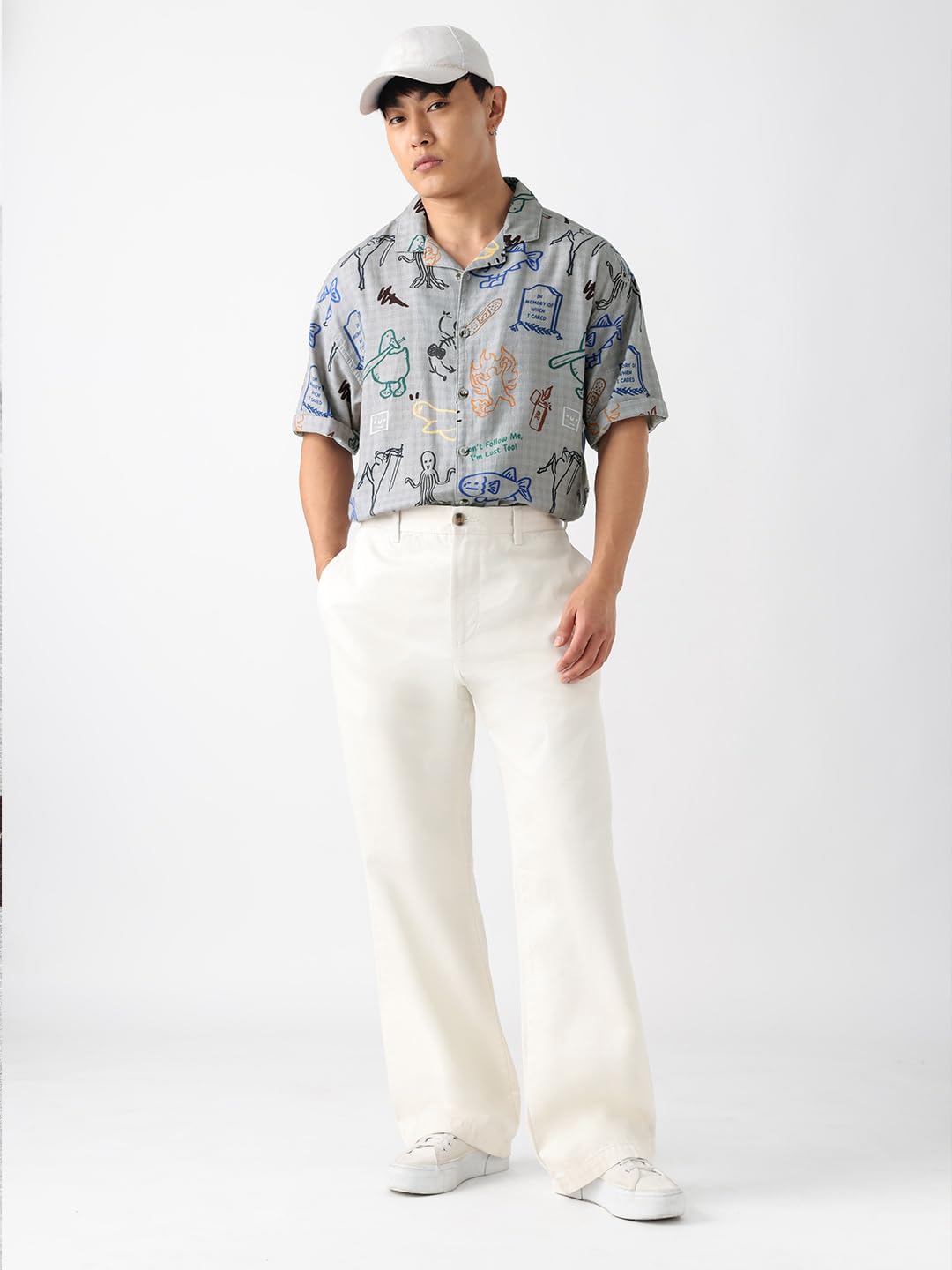 The Souled Store: Doodle Mayhem Men and Boys Short Sleeve Cuban Collar Button Front Grey Graphic Printed Cotton Oversized Shirt