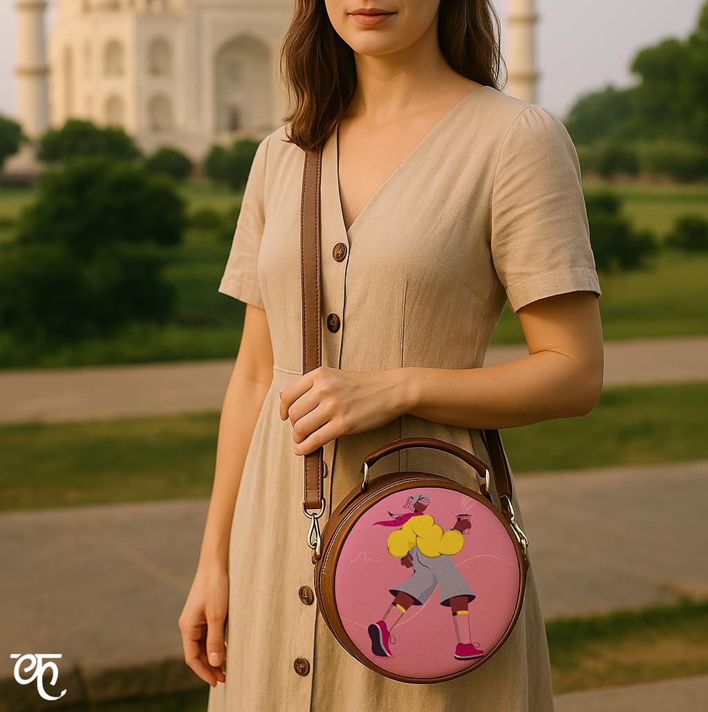 Kalankit Round Sling For Women | Girls Crossbody Bags | Side Bags With Adjustable Strap | Travel Box Sling Bags | A Coffee Day Out
