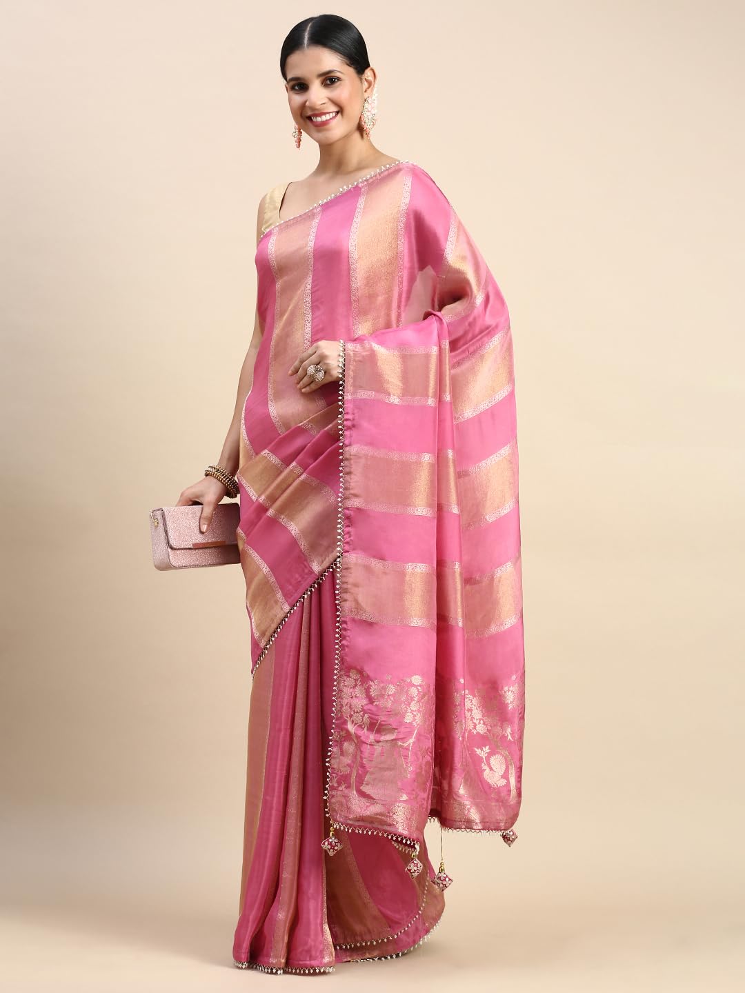 MOHEY Pink Art Silk HAND EMBROIDERY|ZARI WEAVE Saree for Women