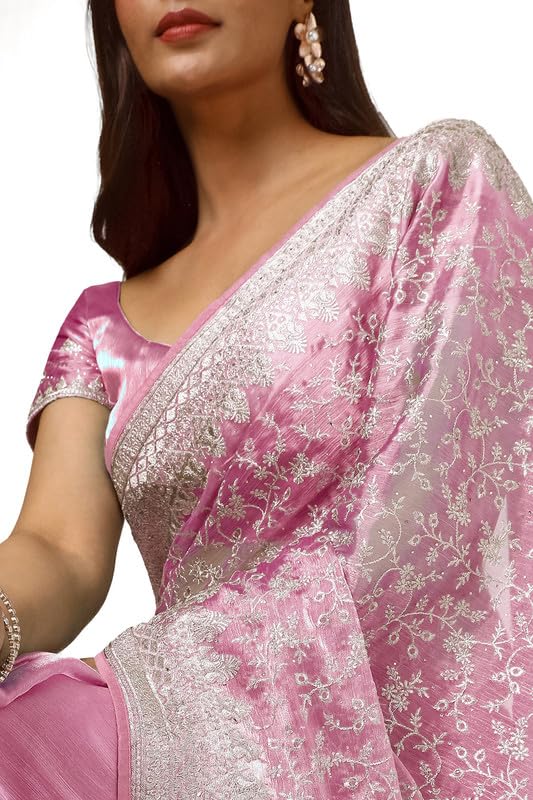 Soch Womens Onion Pink Organza Embroidered Saree With Stone Work