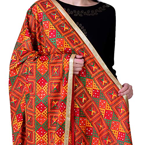 SWI WITH LABEL Women's Heavy Embroidered Phulkari Chiffon Dupatta with Mirror Work