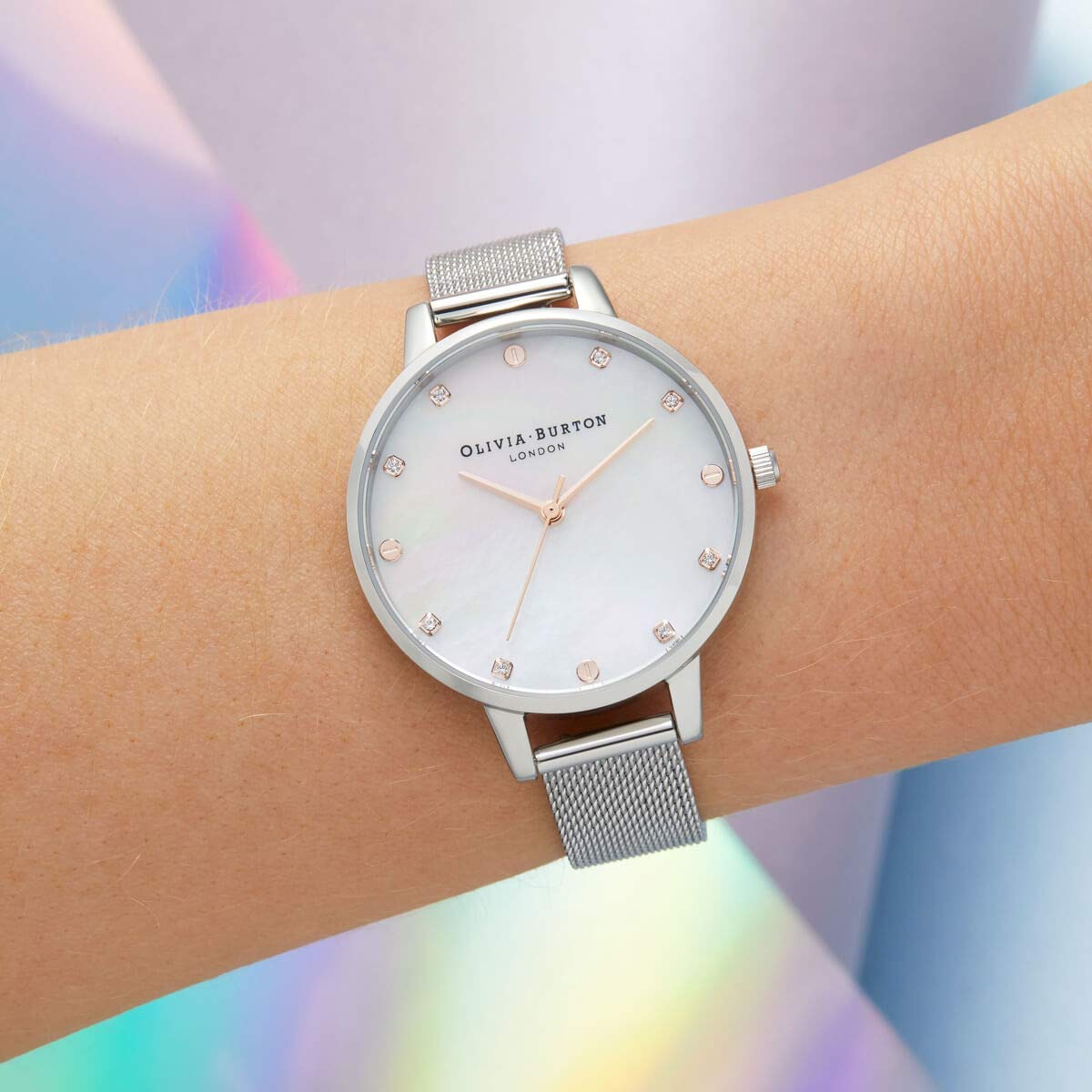 Olivia burton Classics Qtz Basic White Mother of Pearl & Stone & Stud Round Dial Women's Watch|Stainless Steel Material|Silver Color Band - OB16SE07