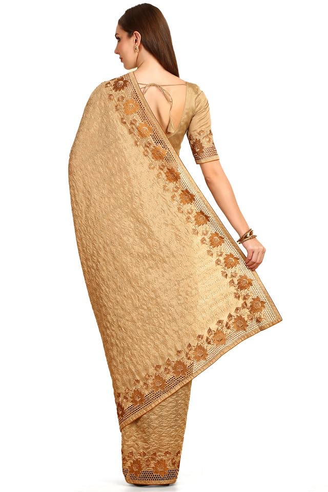 Soch Womens Beige Embroidered Tussar Saree With Cut Work