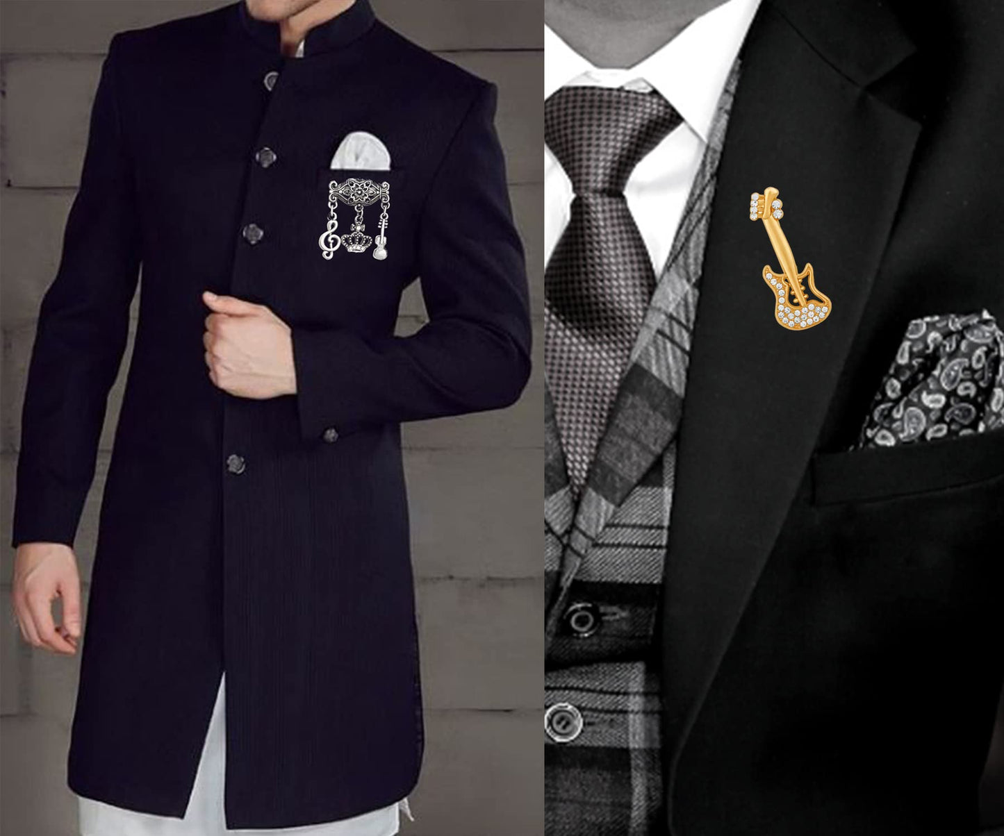 Mahi Combo of Musical Notes Charms and Guitar Wedding Brooch/Lapel Pin with White Crystals for Men (CO1105466M)