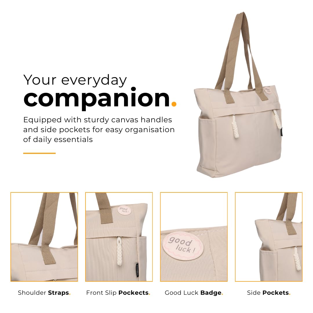 Tressential UrbanHandy Canvas Tote Bag, HandBag for Women, Multi-Pocket Design, Casual Style for Office & College (Ivory)