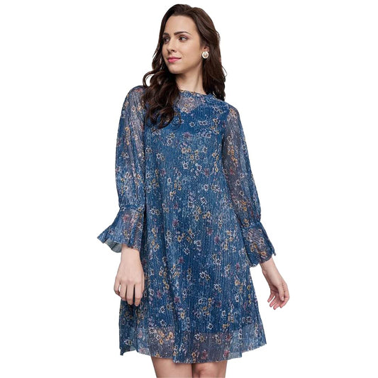 AND Floral Polyester Round Neck Womens Knee Length Dress (Multi, 10) Multicolour