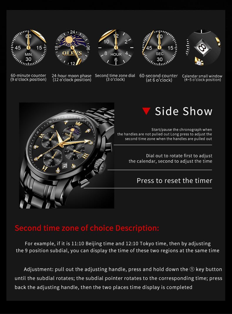 OLEVS Watch for Men Diamond Business Dress Analog Quartz Stainless Steel Waterproof Luminous Date Two Tone Luxury Casual Wrist Watch, black watches 3655, men watch