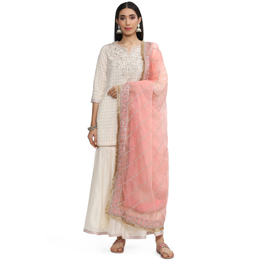 BIBA WOMEN EMBROIDERY RELAXED SALWAR KURTA DUPATTA(SKDKIRAN8471_OWHT/BLUSH PNK_32)