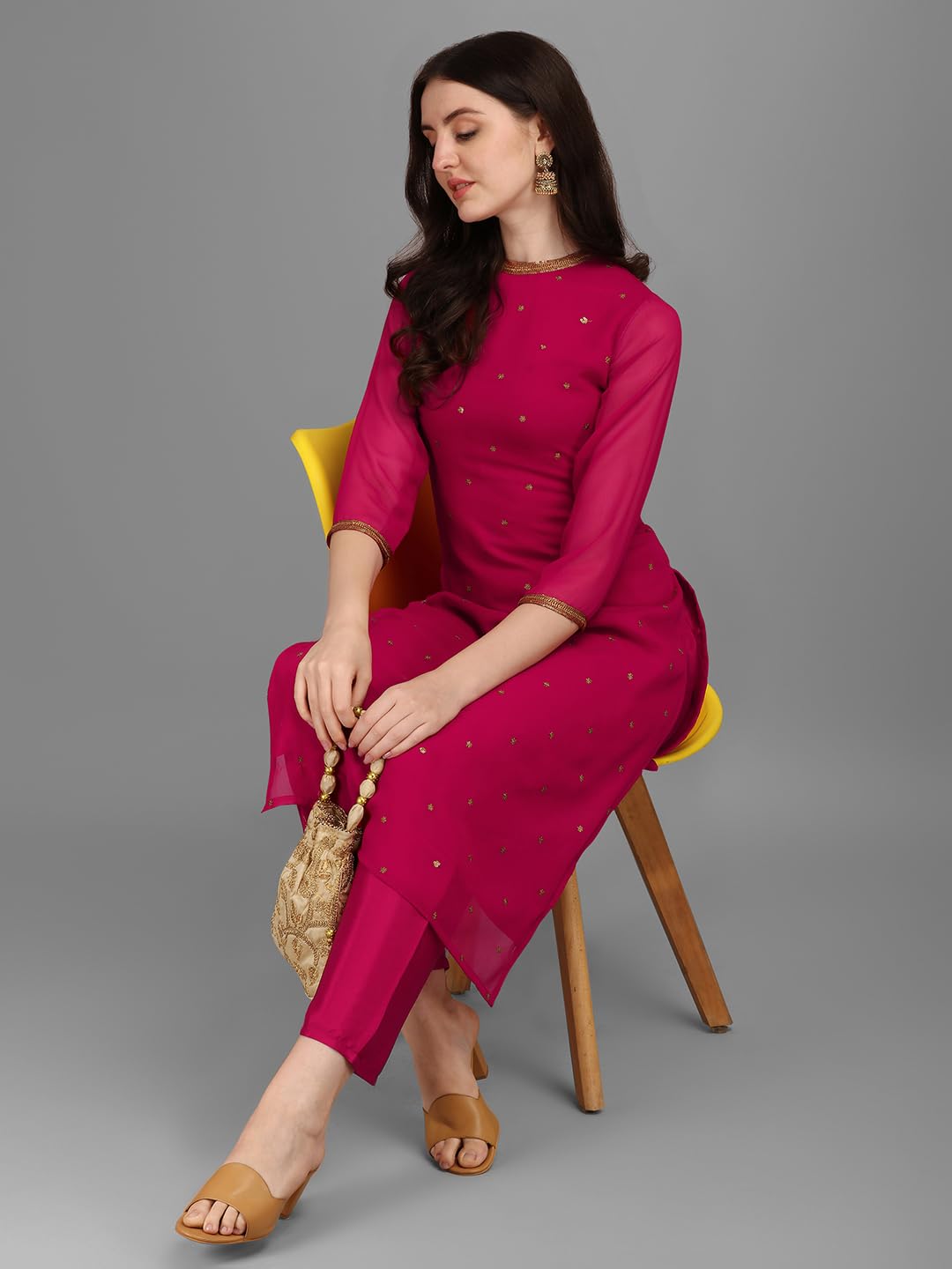 Saanjh Women's Magenta Georgette Embellished Printed Straight Kurta with Bottom
