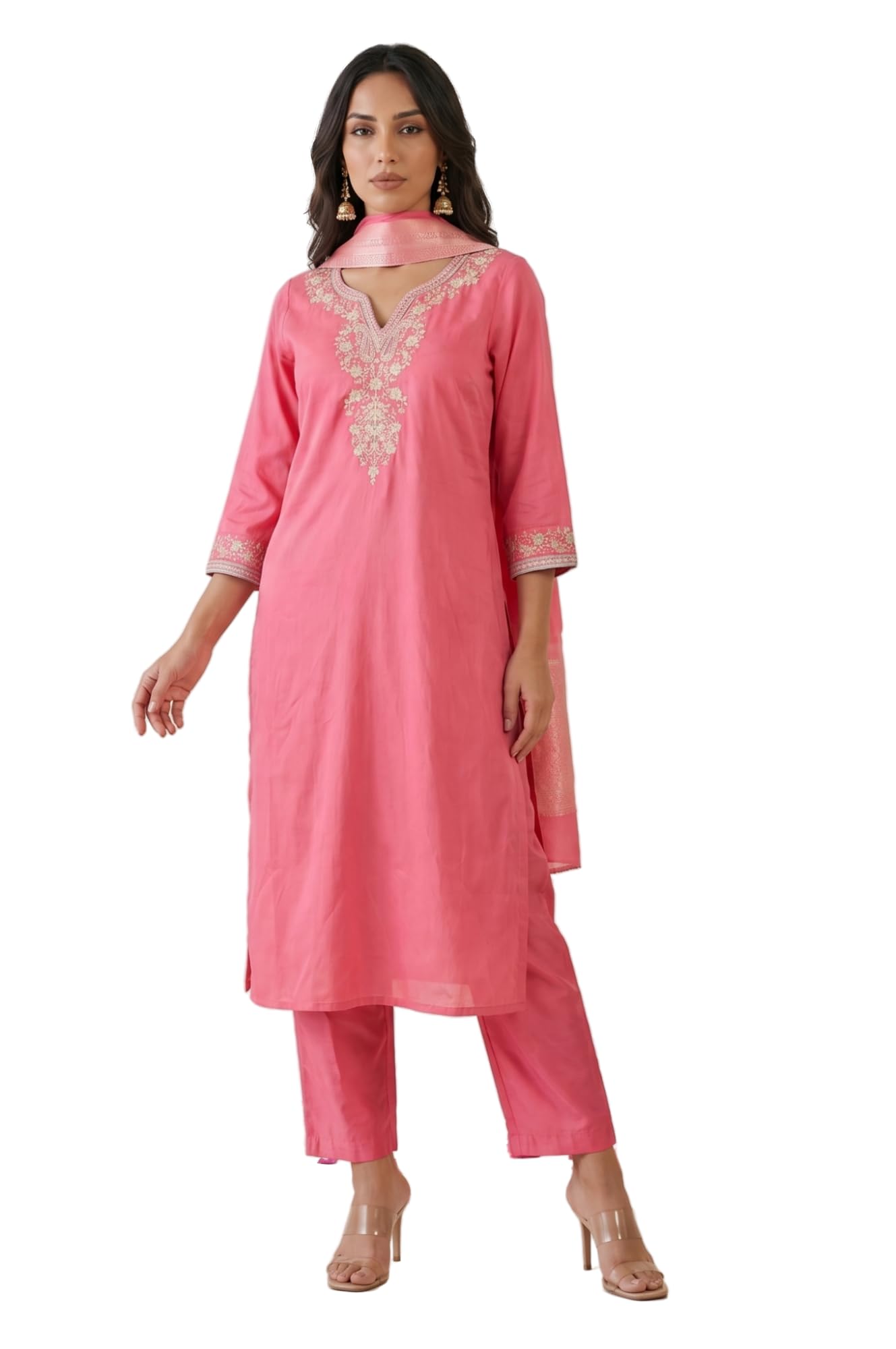 W for Woman Pink Embroidered Straight Kurta with Pants Set and jacquard Dupatta - (WS14009-225464-3XL)