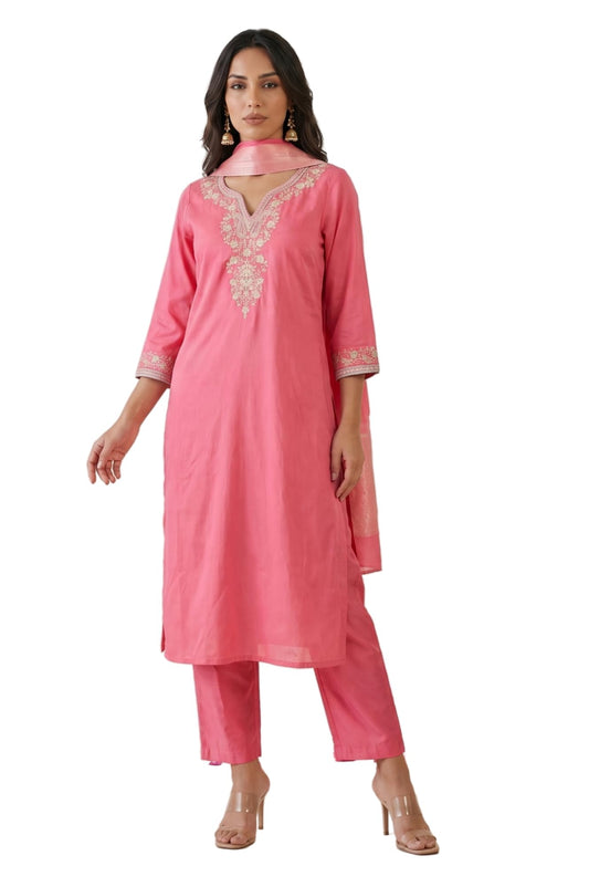 W for Woman Pink Embroidered Straight Kurta with Pants Set and jacquard Dupatta - (WS14009-225464-3XL)