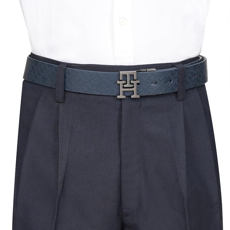Tommy Hilfiger Men's Farley Reversible Leather Belt - Navy + Black - Brushed Gunmetal Monogram Buckle | S 80cm | Ideal for Gifting