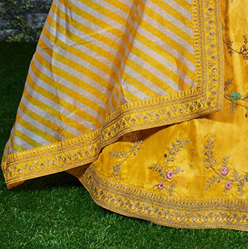 Zeel Clothing Yellow Floral Embroidered Art Silk Semi Stitched Lehenga Choli for Women (7025-Yellow-New-Wedding-Lehenga; Free)