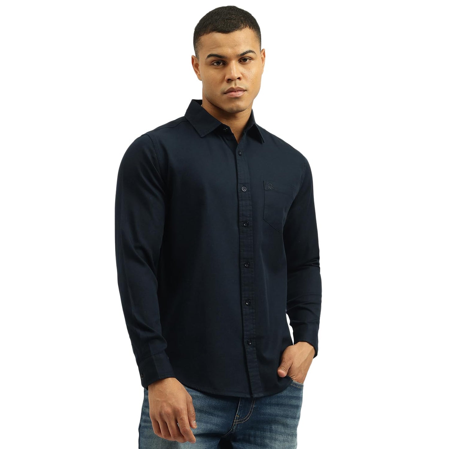 United Colors of Benetton Men's Solid Regular Fit Shirts (25A5SO303TWLI901_Blue