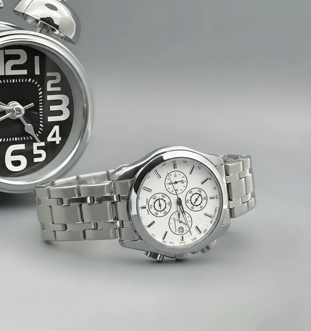 AMERICANVIBER Modern Analog Watch, Silver and Black Two-Tone Stainless Steel Band, Octagonal Case, White Dial for Men (Rose Silver)