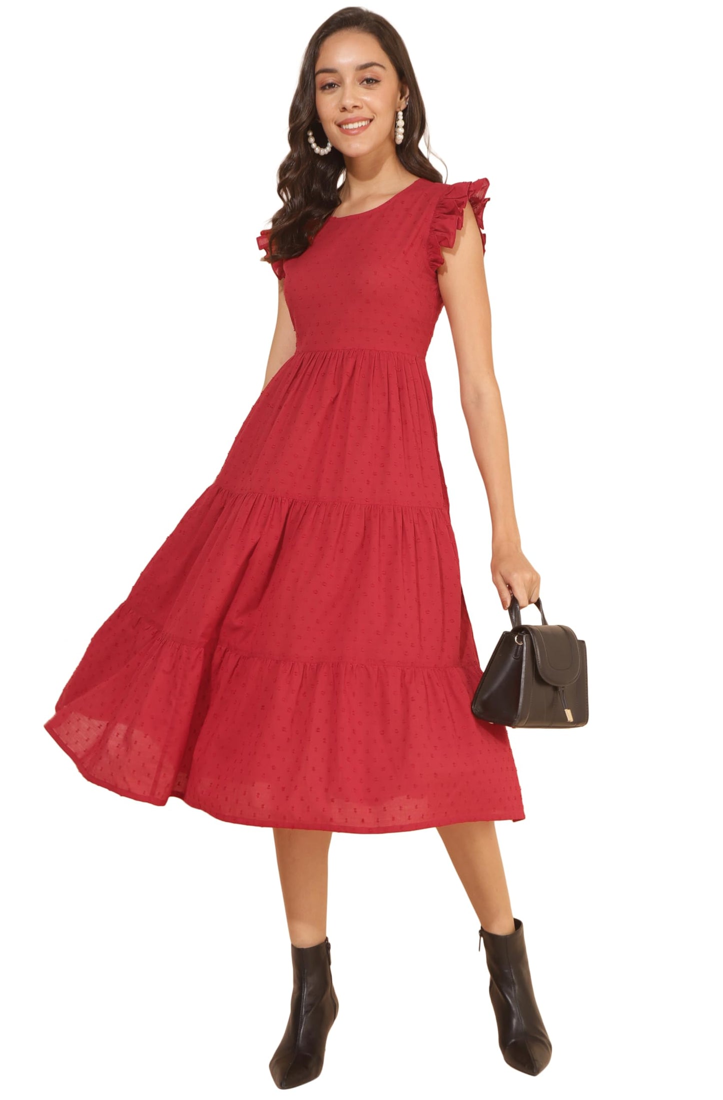 Janasya Women's Red Cotton Dobby Solid Tiered Dress(JNE4371-DR-M)