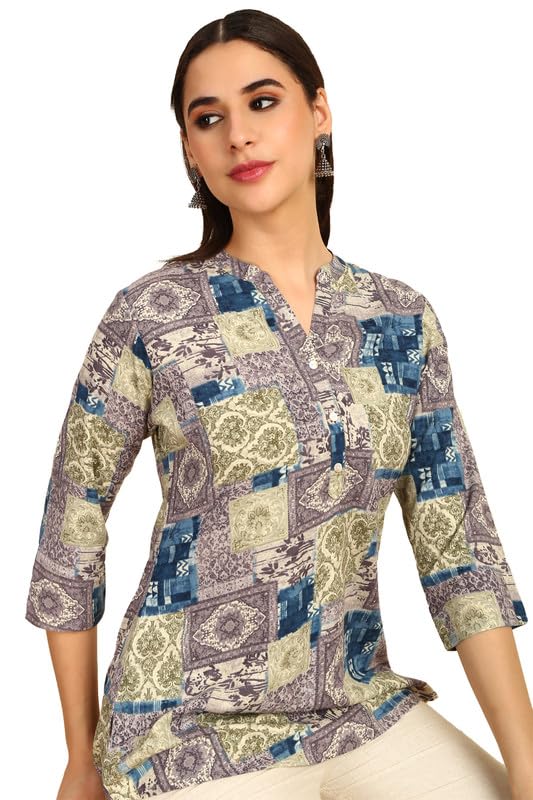 Soch Womens Grey Rayon Ethnic Motifs Foil Printed Tunic