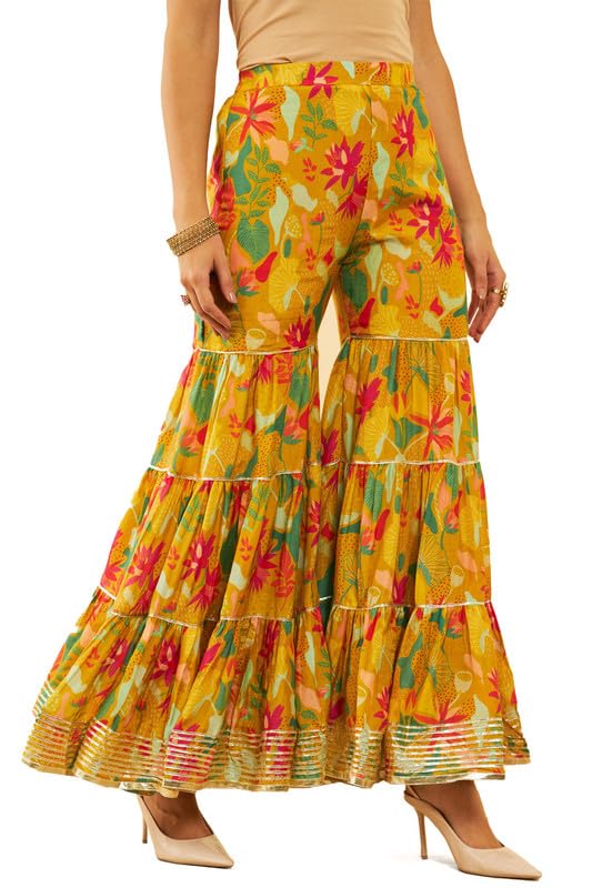 Soch Womens Mustard Yellow & Green Muslin Floral Printed Suit Set With Zardosi Work