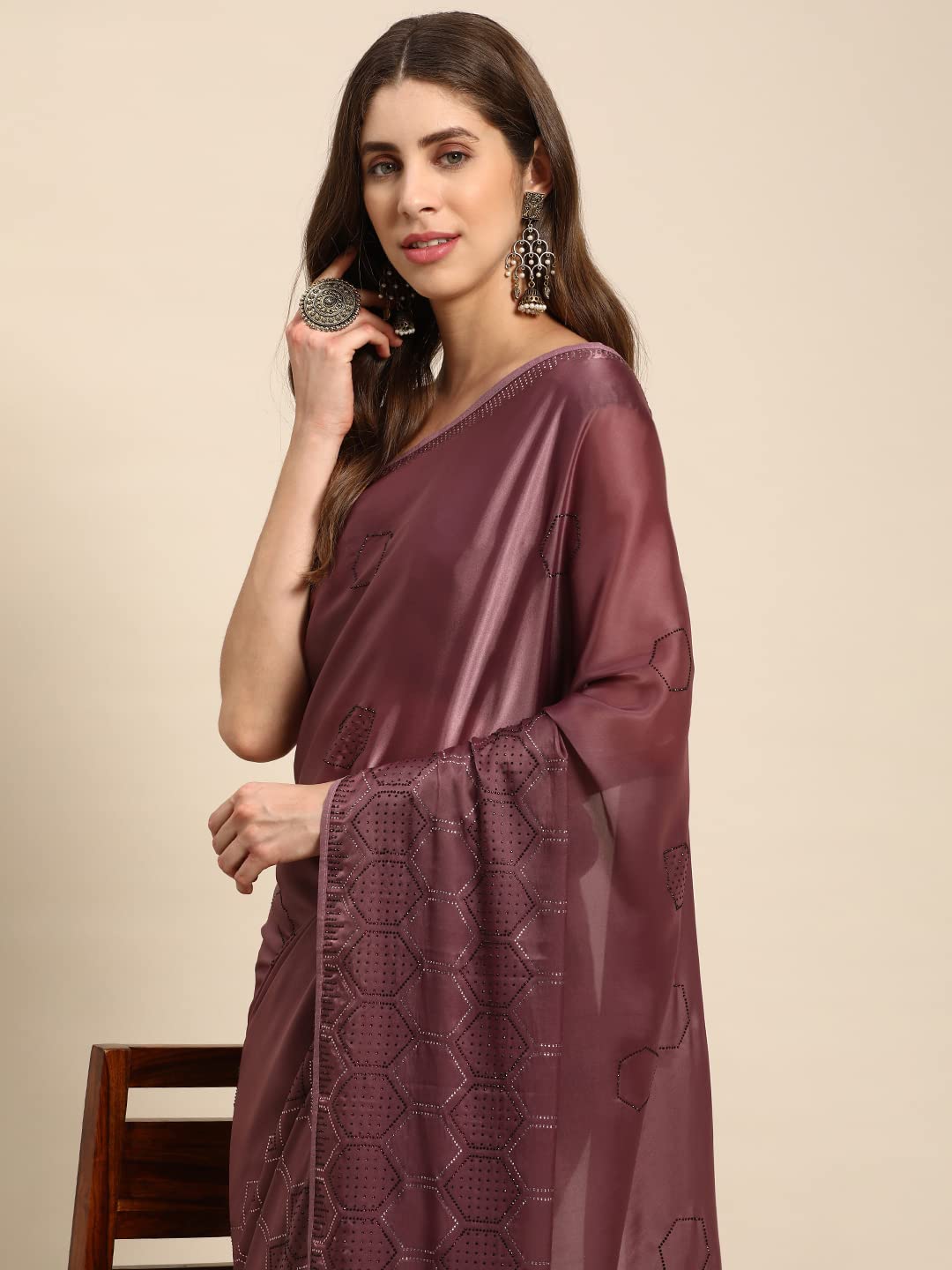 Rekha Maniyar Women's Heavy Swaroski Work Fancy Satin Magenta Saree With Unstitched Blouse Piece (MAGENTA)