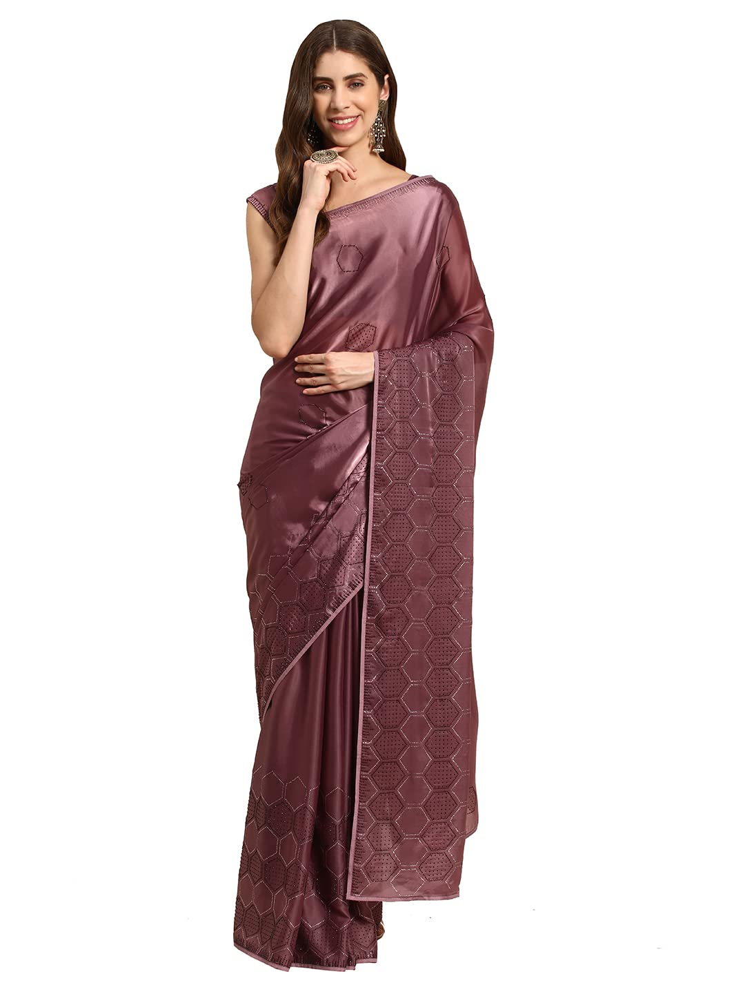 Rekha Maniyar Women's Heavy Swaroski Work Fancy Satin Magenta Saree With Unstitched Blouse Piece (MAGENTA)