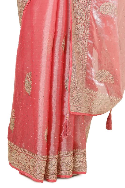 Soch Womens Peach Organza Embroidered Saree With Stone Work