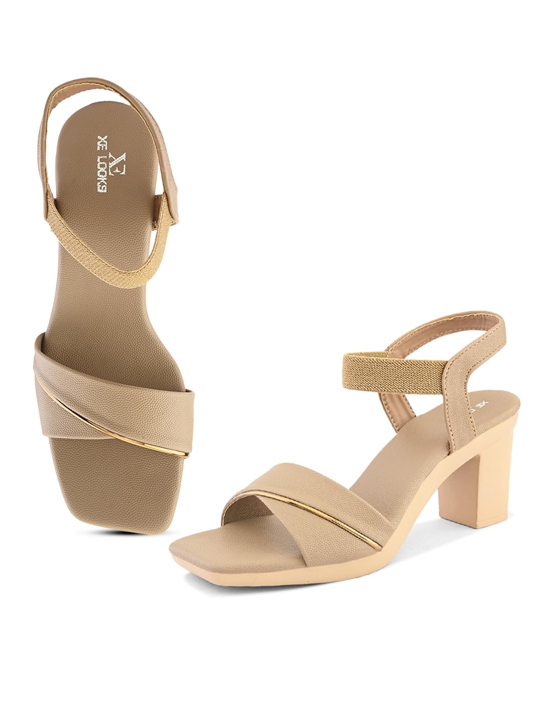 XE Looks Beige Wide Front Strap with Gold Accent | Stylish Textured Finish | Cushioned Footbed | Block Heel Sandal For Girl & Women