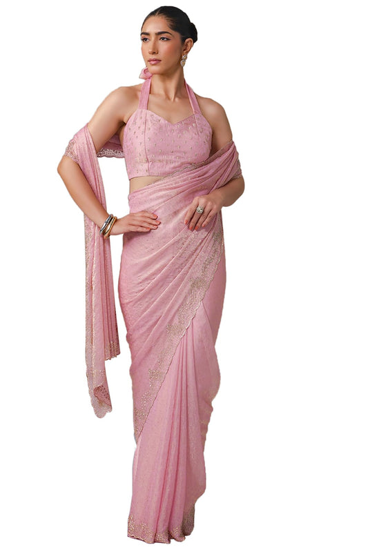 Soch Womens Blush Pink Fendy Chiffon Embellished Saree With Stone Work