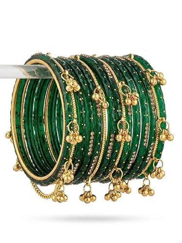 Gungroo Kashmiri Bangles 12 Green Bangles + 8 Golden Green - Chemical Seep Golden - Brass (Size-2.8)